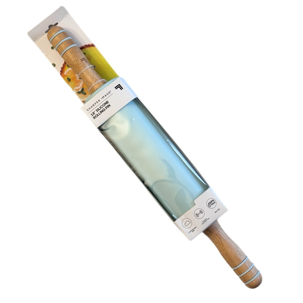 Sharper Image Wooden Rolling Pin with Blue Silicone Sleeve